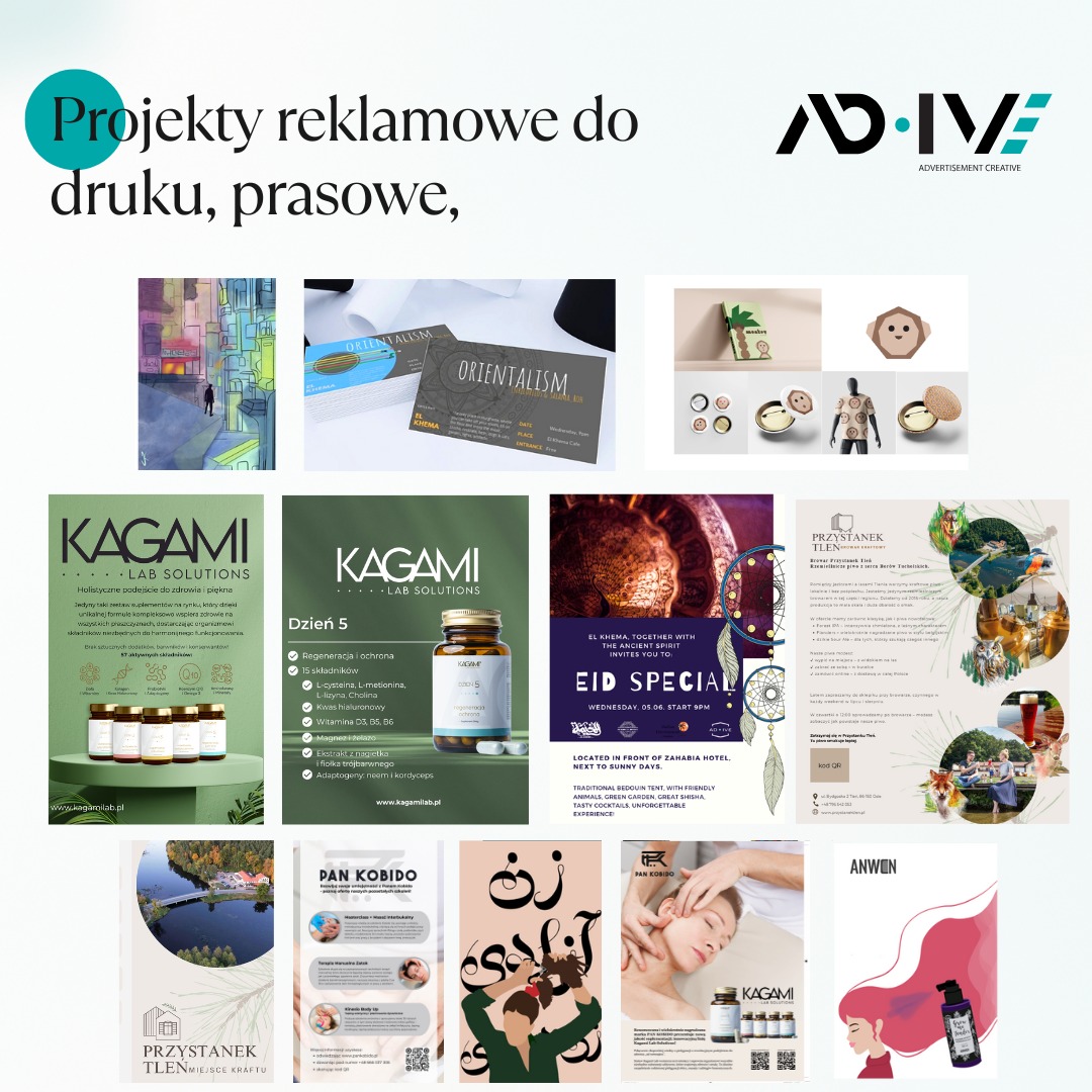 Zestawienie różnorodnych projektów reklamowych, w tym ulotek, wizytówek i grafik produktowych, prezentujących kreatywne koncepcje wizualne.