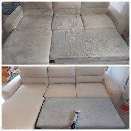 Ekspert - Zdjęcie 'przed i po' prania rozłożystej, jasnej kanapy z wysuwanym siedziskiem. Na dolnym ujęciu widoczny fragment odkurzacza piorącego.