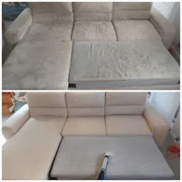 Zdjęcie 'przed i po' prania rozłożystej, jasnej kanapy z wysuwanym siedziskiem. Na dolnym ujęciu widoczny fragment odkurzacza piorącego.