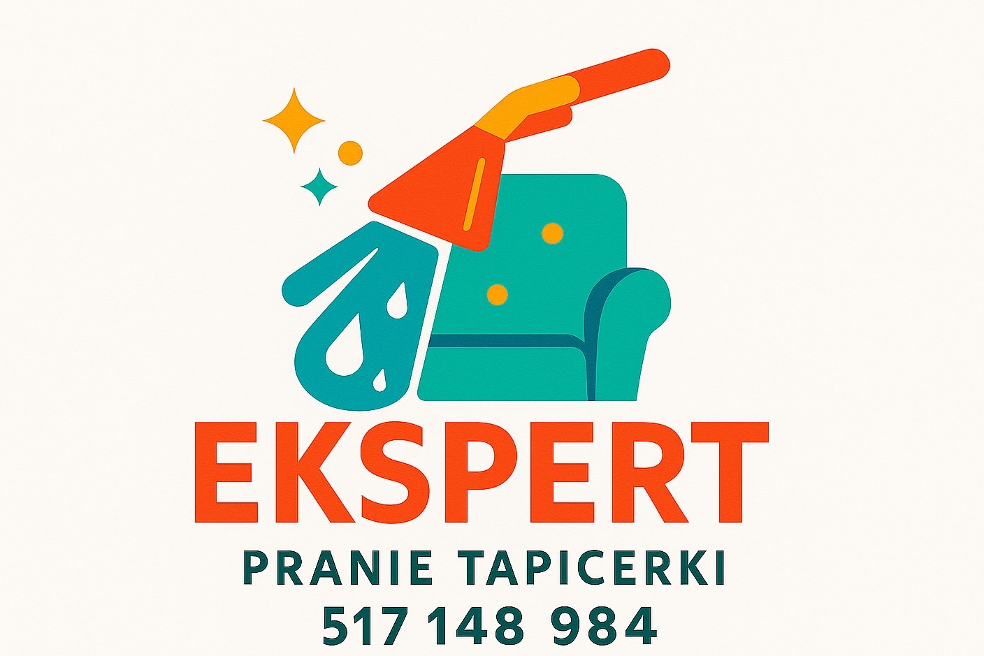 Grafika: Stylizowany symbol prania tapicerki z napisem 'EKSPERT PRANIE TAPICERKI' i numerem telefonu na jasnym tle. Nowoczesny, minimalistyczny design.