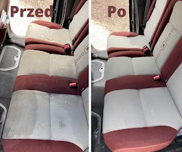 Tapicerka samochodowa po profesjonalnym czyszczeniu: widoczne kontrasty 'przed' i 'po' w jasnym wnętrzu pojazdu. Czerwone akcenty na fotelach.