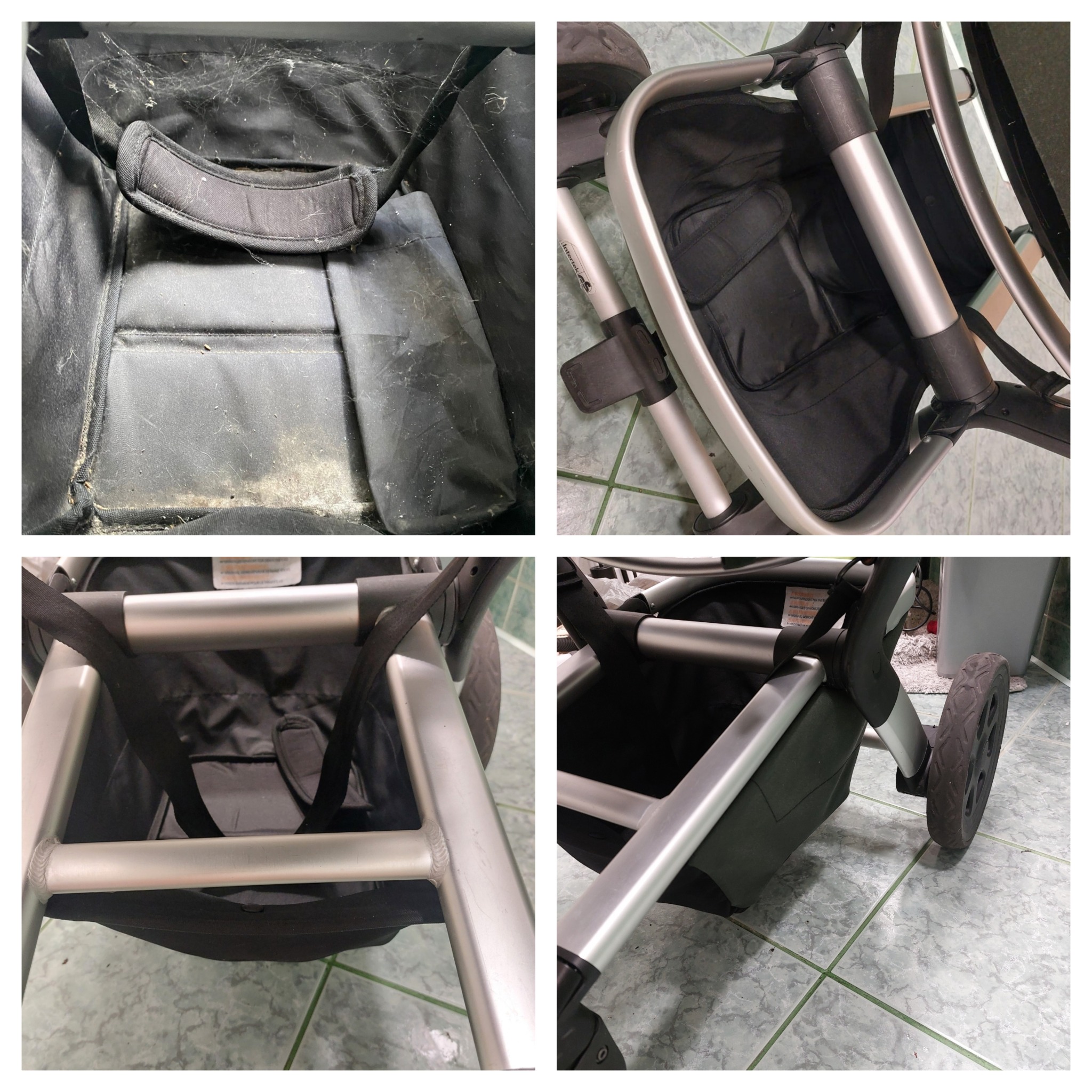 Kolaż 4 zdjęć wózka dziecięcego: górny lewy róg pokazuje brudne, zakurzone wnętrze; pozostałe kadry prezentują konstrukcję wózka z różnych perspektyw.