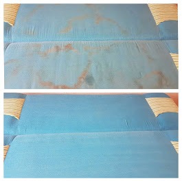 Kanapa przed i po praniu: widoczne, zredukowane plamy na jasnoniebieskiej tapicerce. Ujęcie z góry, prezentujące efekt czyszczenia.