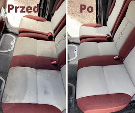 Tapicerka samochodowa: widok przed i po czyszczeniu. Po lewej stronie widoczne zabrudzenia, po prawej czysta tapicerka z czerwonymi akcentami.