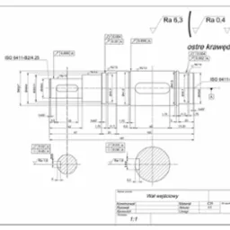 Rzut techniczny wału wejściowego z wymiarami, tolerancjami i oznaczeniami chropowatości powierzchni, zgodnie z normą ISO 6411-B2/4.25. Rysunek zawiera przekroje i widoki detali.