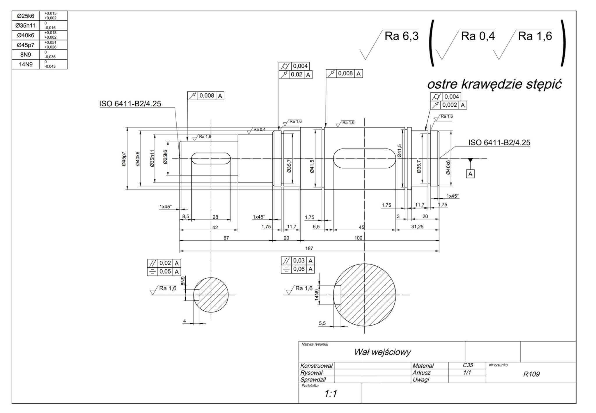 Rzut techniczny wału wejściowego z wymiarami, tolerancjami i oznaczeniami chropowatości powierzchni, zgodnie z normą ISO 6411-B2/4.25. Rysunek zawiera przekroje i widoki detali.