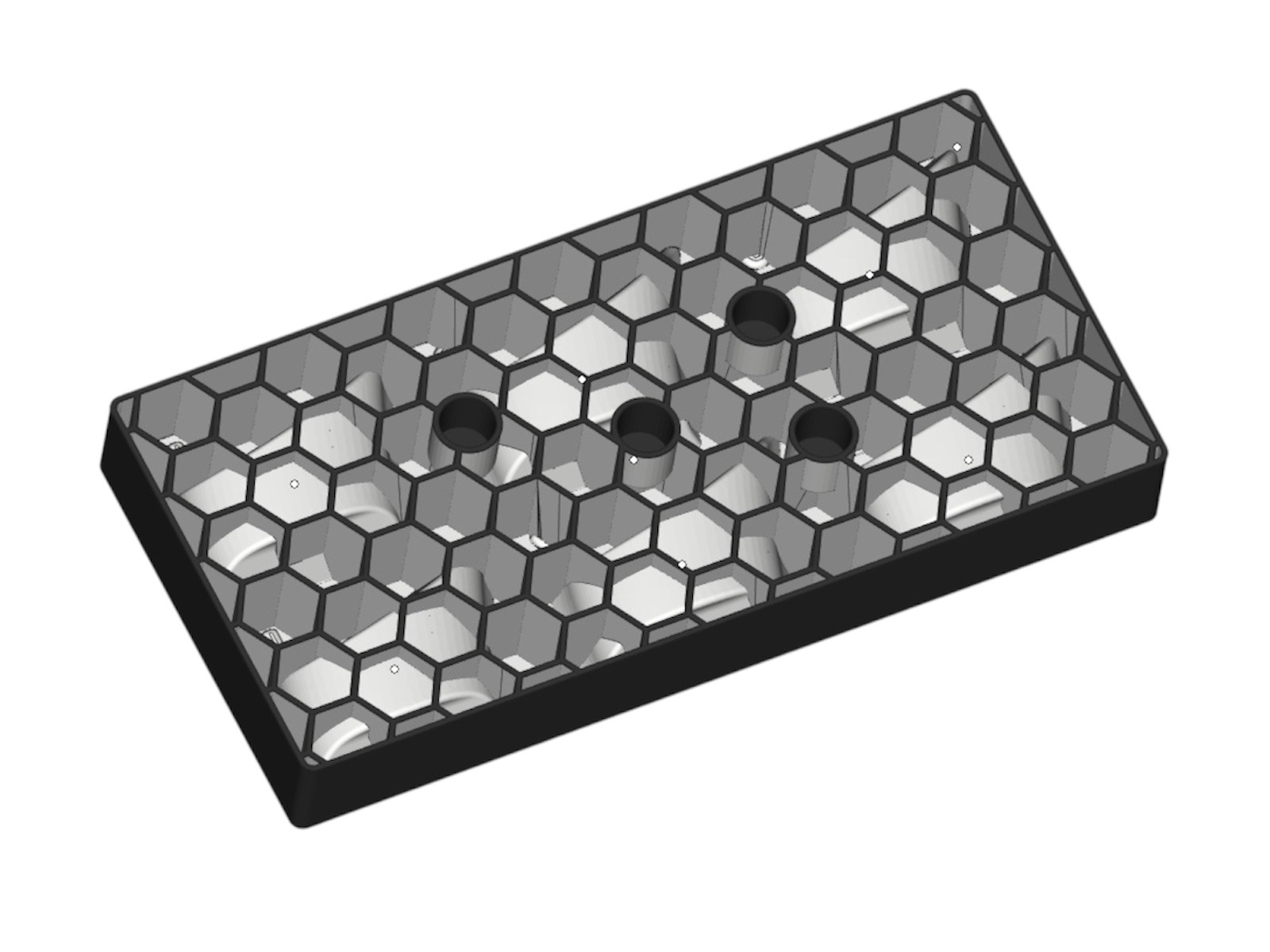 Wizualizacja 3D prostokątnej formy z czarną obudową, wypełnionej heksagonalną strukturą i czterema okrągłymi otworami. Model z szarego tworzywa na białym tle.
