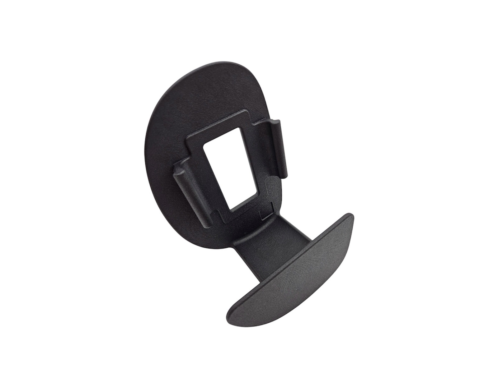 Czarny, matowy uchwyt z tworzywa sztucznego, z wyraźnymi śladami po procesie formowania, na białym tle. Widoczne elementy montażowe i specyficzna geometria.