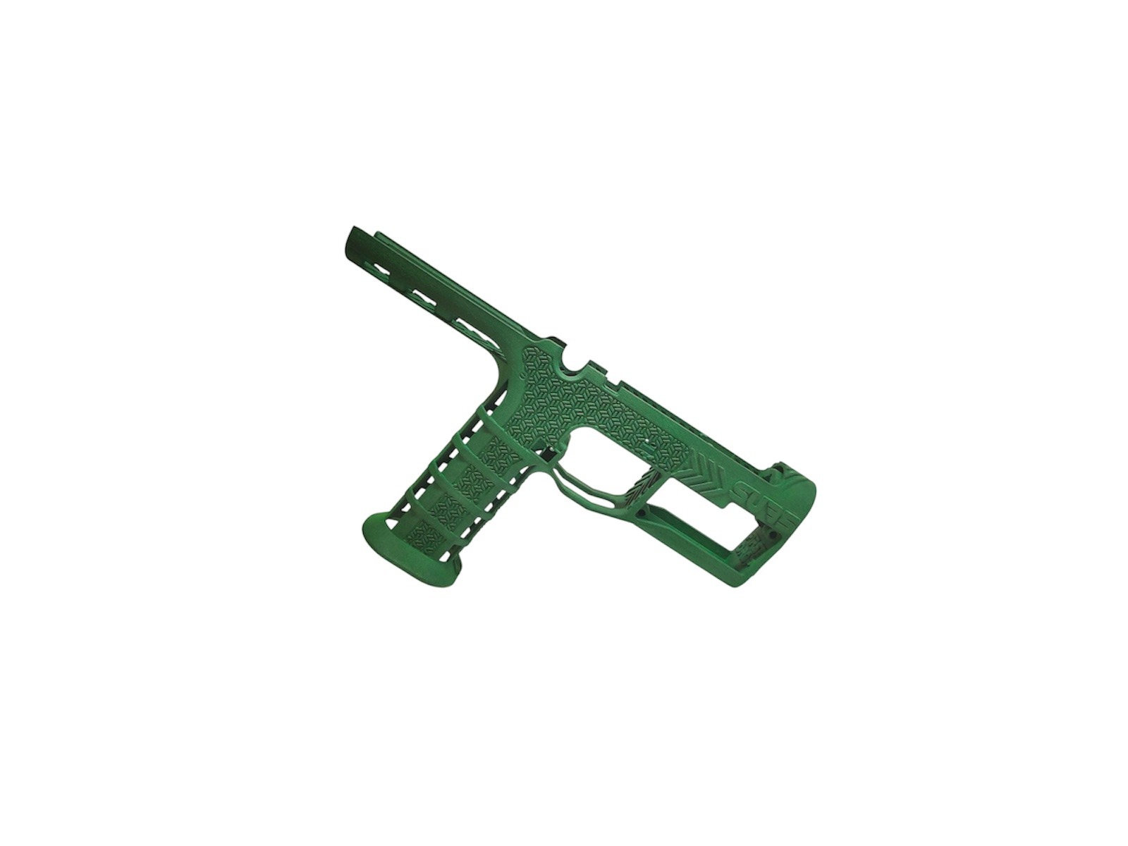 Zielona szkieletowa konstrukcja przypominająca pistolet, wydrukowana w 3D, leżąca na białym tle. Widoczne charakterystyczne wzory i otwory.