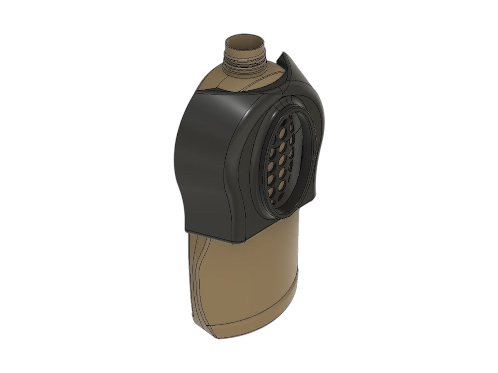 Model 3D butelki z nakładką z otworami, renderowany w programie CAD,  na białym tle. Widoczny gwint butelki i charakterystyczny design nakładki.