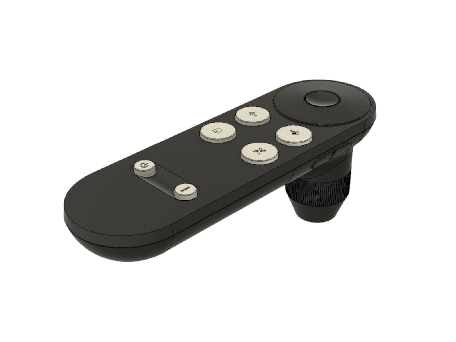 Czarny model 3D kontrolera z białymi przyciskami na białym tle, wykonany w programie CAD/CAM/CAE. Widoczne detale i faktura materiału.