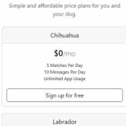 Responsywny układ strony internetowej z planami cenowymi dla psów, zoptymalizowany dla urządzeń mobilnych, z widocznymi różnicami w cenie i funkcjonalności.