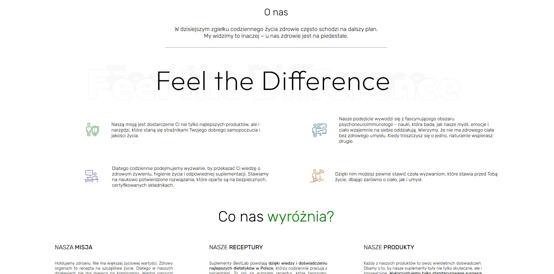 Minimalistyczny układ strony internetowej z sekcjami 'O nas', 'Nasza misja', 'Nasze receptury' i 'Nasze produkty', prezentujący firmę i jej wartości.