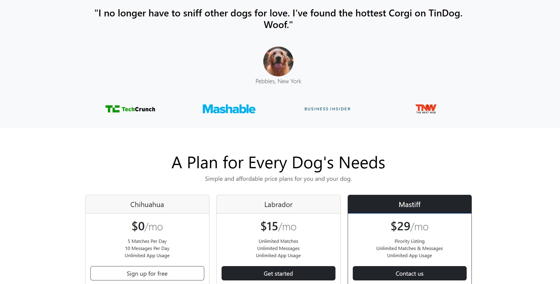 Strona internetowa z ofertą planów subskrypcji dla aplikacji randkowej dla psów, z logo TechCrunch, Mashable, Business Insider i TNW.