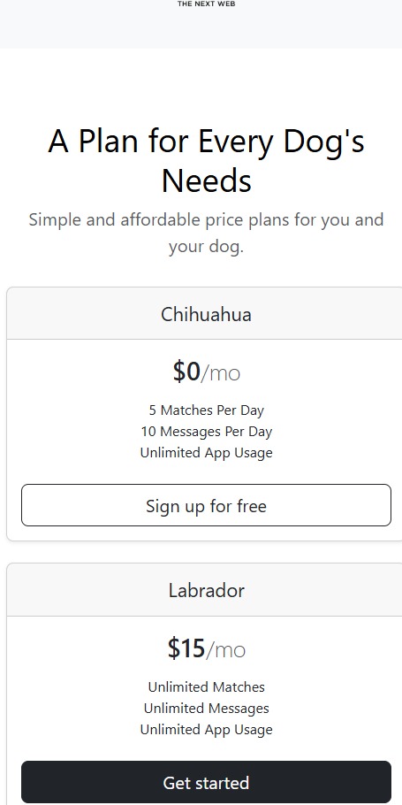 Responsywny układ strony internetowej z planami cenowymi dla psów, zoptymalizowany dla urządzeń mobilnych, z widocznymi różnicami w cenie i funkcjonalności.