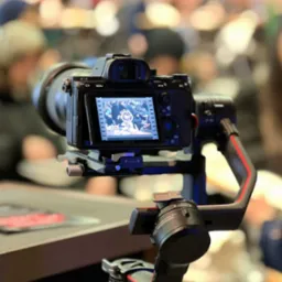 Kamera Sony Alpha 7 III na stabilizatorze DJI RS2, ekran pokazuje nagranie z imprezy firmowej. W tle rozmyte sylwetki uczestników.