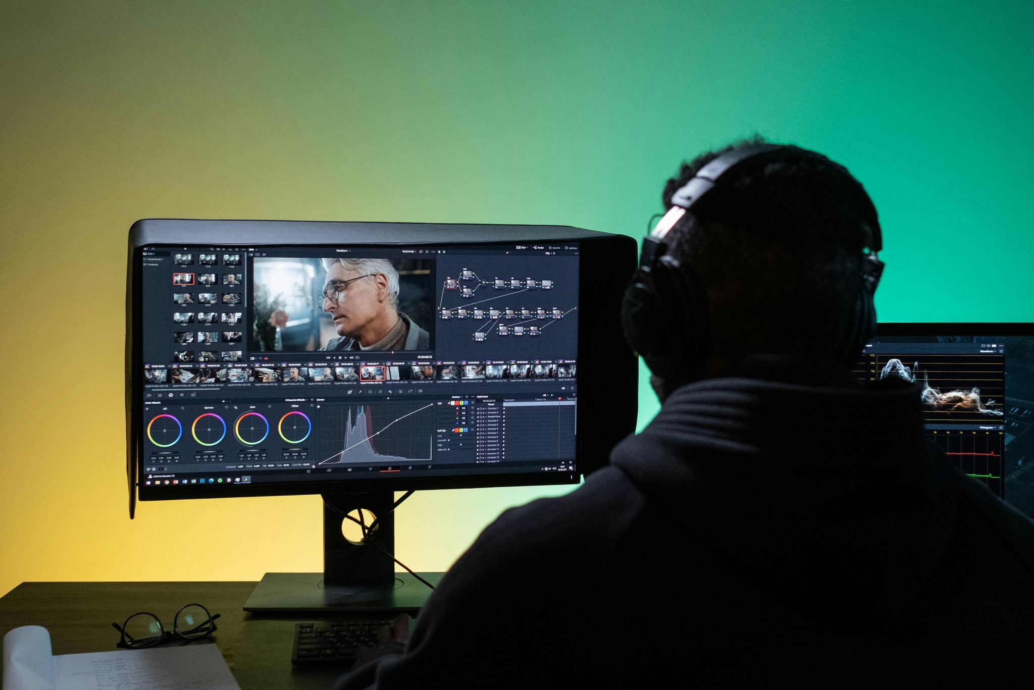 Montażysta w słuchawkach edytuje film na monitorze z widocznym interfejsem programu do montażu wideo. Na biurku okulary i notatki. Żółto-zielone tło.