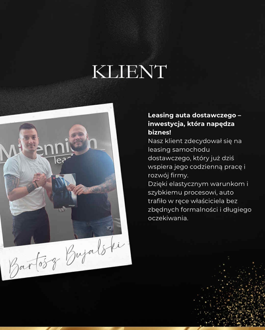 Zdjęcie polaroidowe dwóch uśmiechniętych mężczyzn, trzymających folder z ofertą leasingu, na tle tekstu o korzyściach z leasingu auta dostawczego.