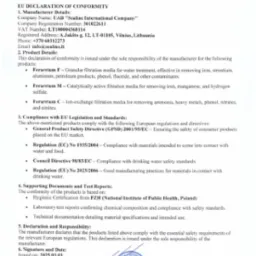 Dokument 'EU Declaration of Conformity' od Sealine International Company, potwierdzający zgodność produktów do uzdatniania wody z normami UE.