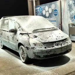 Samochód typu minivan pokryty pianą w myjni bezdotykowej, widoczny automat i stanowisko na dywaniki. Nocne oświetlenie.