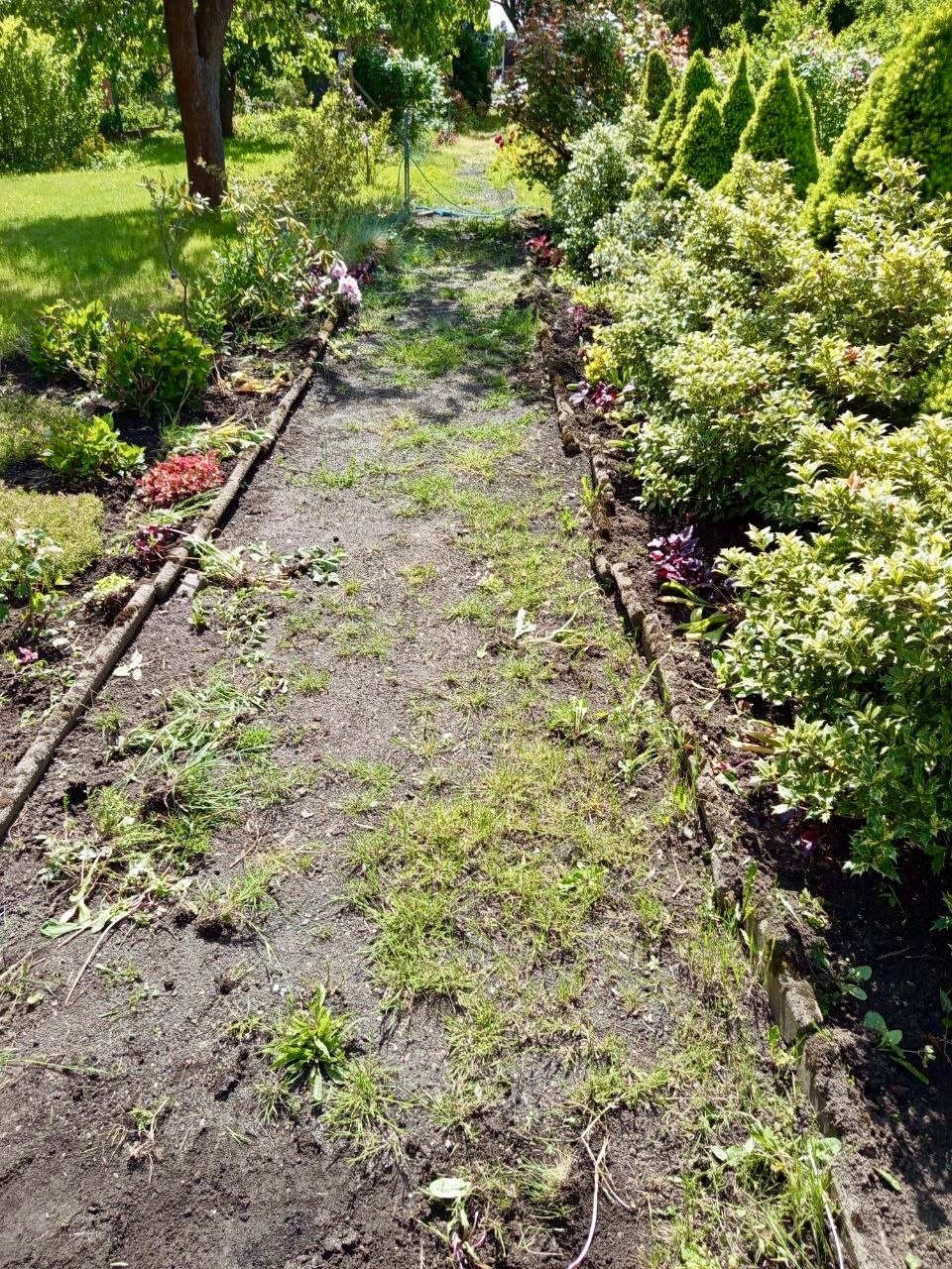 Ogród w trakcie prac ziemnych: widok na ścieżkę z rabatami, gdzie widać świeżo przekopaną ziemię i przygotowane miejsce pod nasadzenia. W tle zielona roślinność.