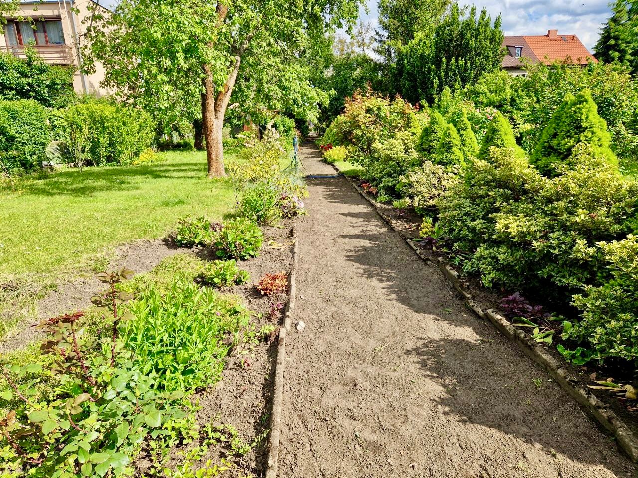 Ścieżka w ogrodzie z nowo posadzonymi roślinami, równo przycięty trawnik i ozdobne krzewy. Widok na dom w tle.