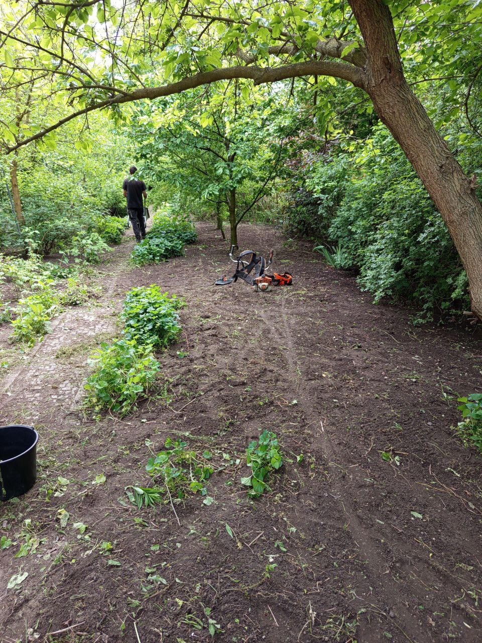 Przygotowany teren pod nasadzenia w ogrodzie, widoczny sprzęt ogrodniczy i oddalająca się postać. Ziemia przekopana, widoczne ślady opon.