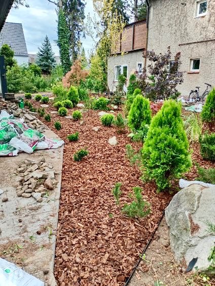Świeżo założony ogród z korą, kamieniami i młodymi drzewkami iglastymi. Widoczne worki z nawozem i narzędzia ogrodnicze. Ogród zlokalizowany przy budynku.