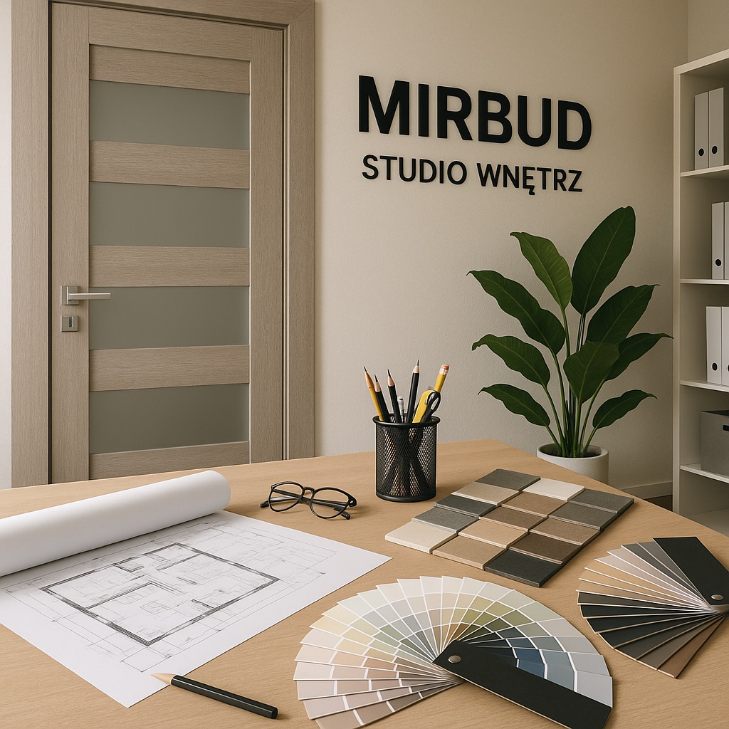 Projekt wnętrza z drewnianymi drzwiami z przeszkleniami, planem mieszkania, próbkami kolorów i logo firmy Mirbud Studio Wnętrz na ścianie.