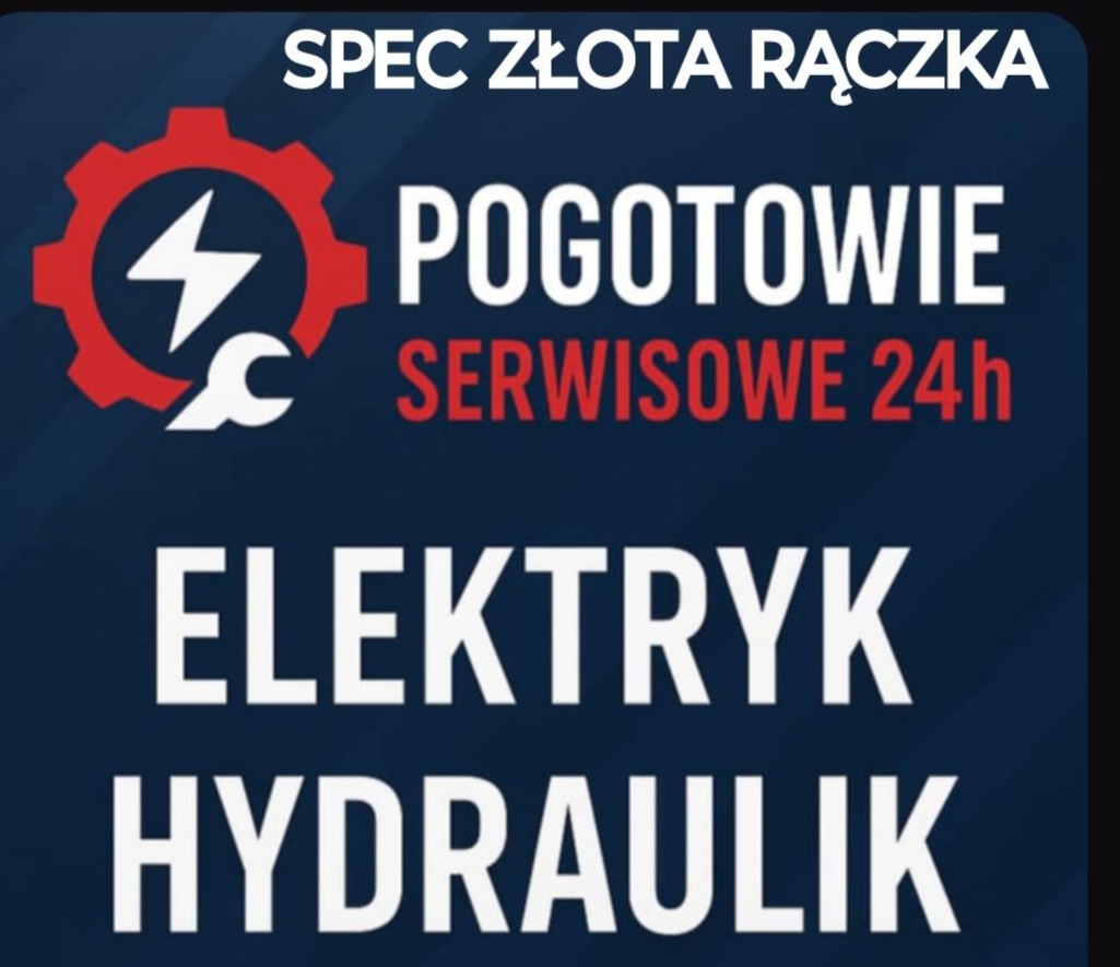 Grafika: Pogotowie serwisowe 24h, elektryk i hydraulik. Czerwone koło z błyskawicą i kluczem francuskim. Napis SPEC Złota Rączka na górze, ciemne tło.