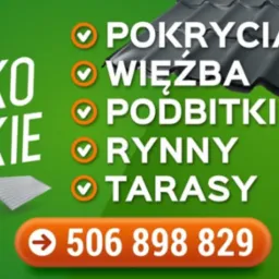 Grafika reklamowa usług ciesielsko-dekarskich: pokrycia, więźba, rynny, podbitki, tarasy. Numer telefonu i logo firmy SET-BUD. Zadowolenie gwarantowane.