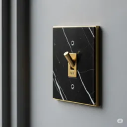 Czarno-biały marmurowy włącznik światła z pozłacaną dźwignią w pozycji OFF, zamontowany na szarej ścianie. Designerski element instalacji elektrycznej.