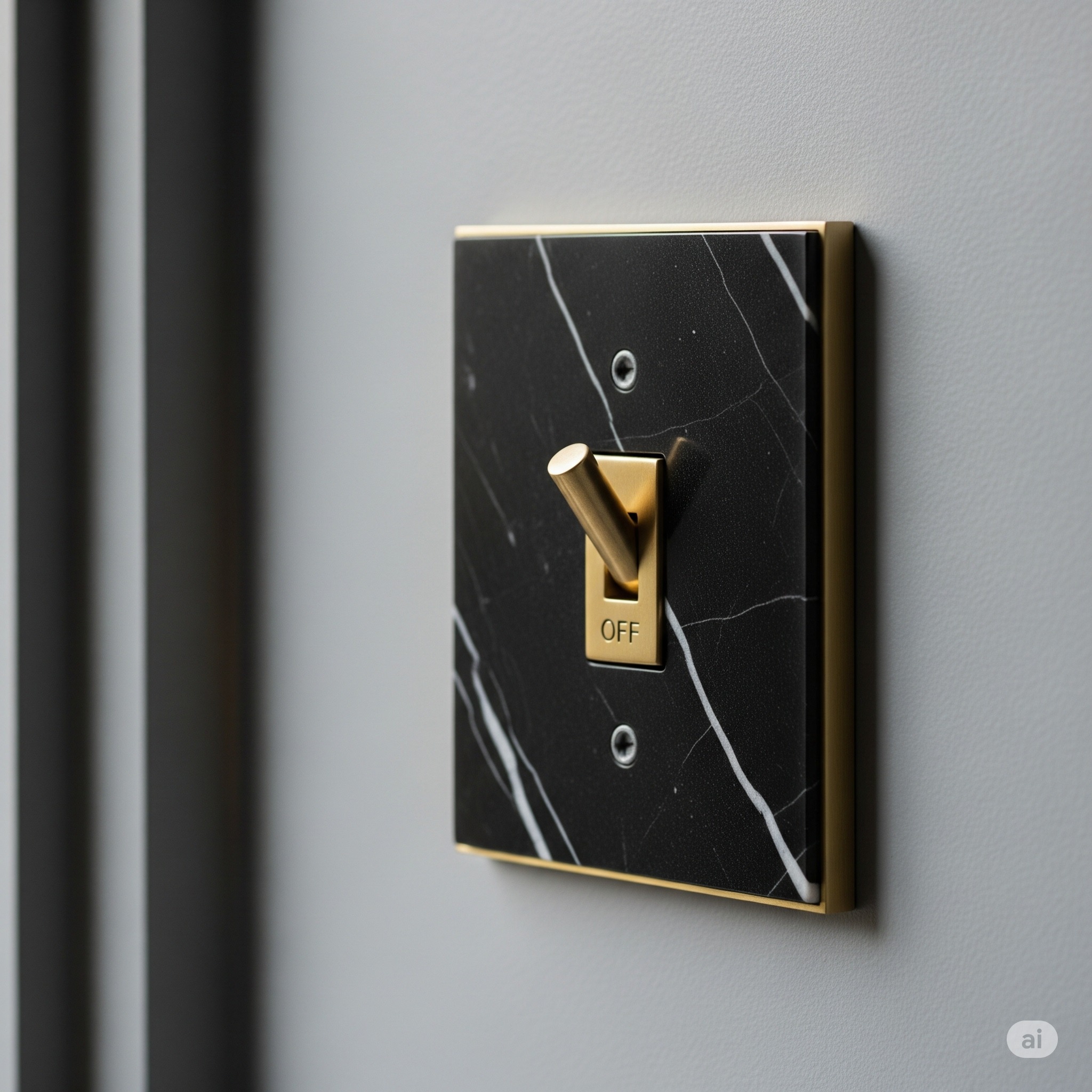 Czarno-biały marmurowy włącznik światła z pozłacaną dźwignią w pozycji OFF, zamontowany na szarej ścianie. Designerski element instalacji elektrycznej.