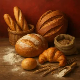 Artystyczna kompozycja pieczywa: bochenki, bagietki w koszyku, rogalik, bułka, zboże w worku, kłosy i mąka na drewnianym stole na tle czerwonej ściany.