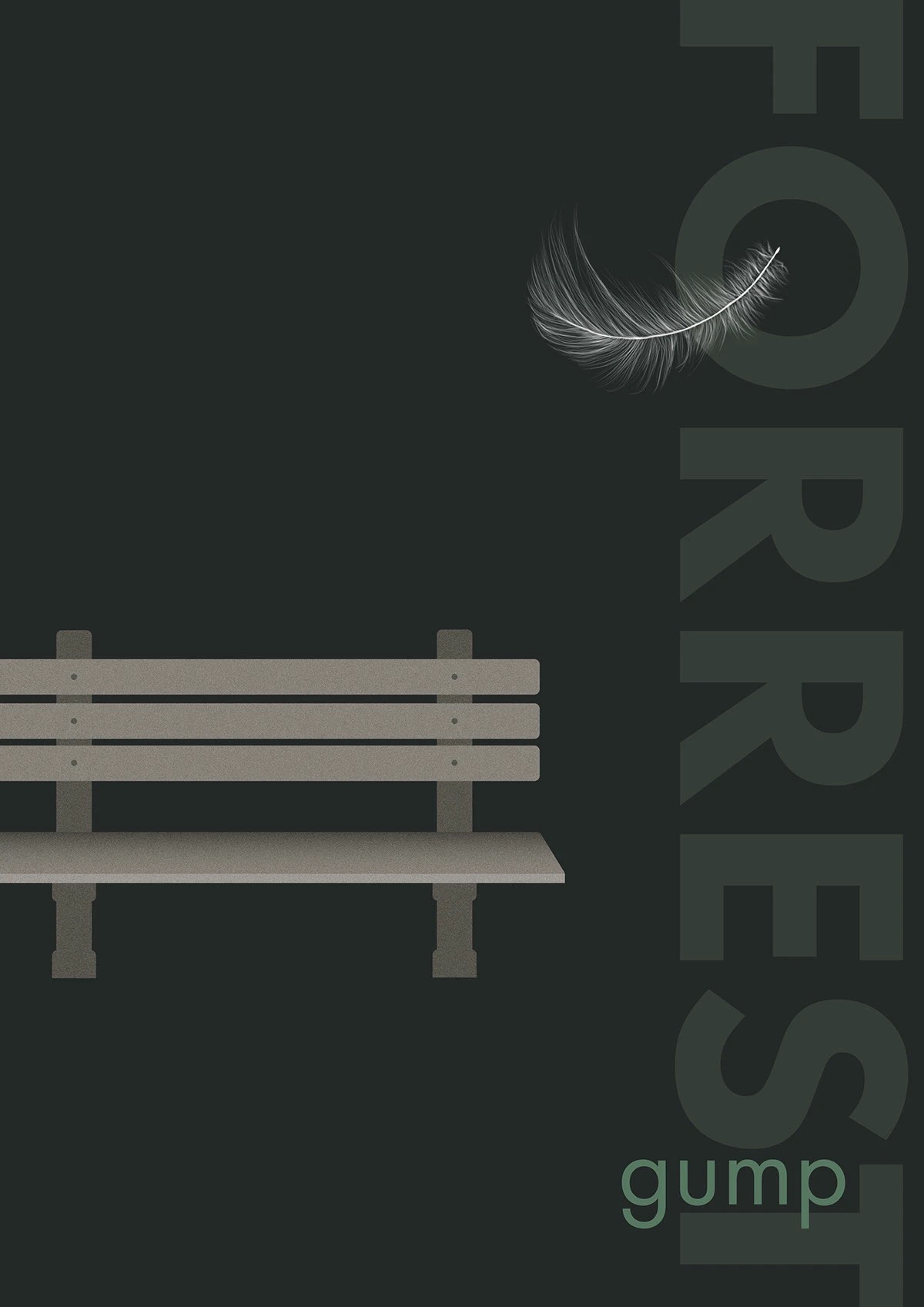 Grafika: ławka parkowa, piórko i napis 'Forrest Gump' na ciemnym tle. Minimalistyczny plakat filmowy, stonowana kolorystyka, nowoczesny design.