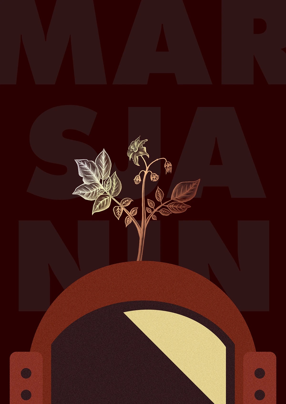 Ilustracja rośliny w doniczce na tle napisu 'MARSIANIN', utrzymana w tonacji brązów i beżów, stylizowana na plakat.
