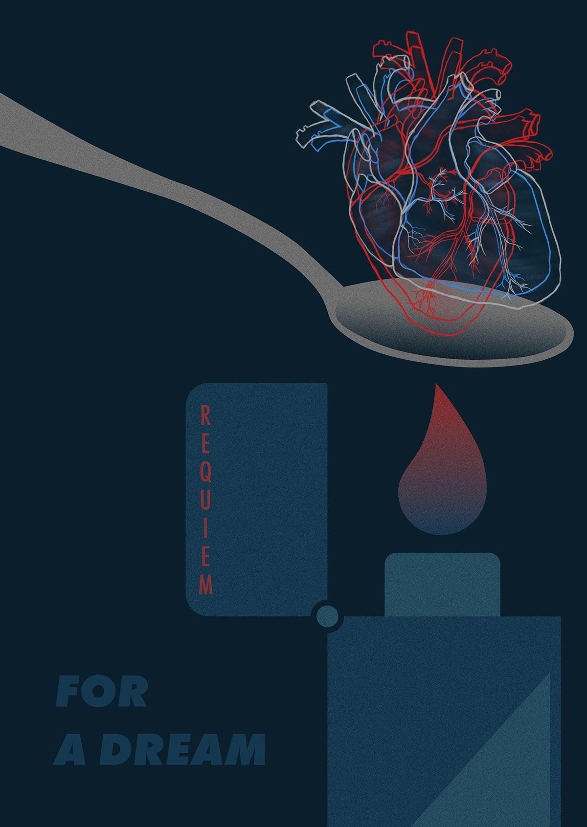 Abstrakcyjna grafika z sercem na łyżce nad zapalniczką, w odcieniach niebieskiego i czerwieni, z napisem 'Requiem for a Dream'.