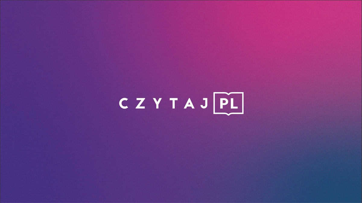 Grafika z białym napisem 'CZYTAJ PL' na tle gradientu fioletowo-różowego. Litery równomiernie rozłożone, 'PL' w ikonie przypominającej otwartą książkę.