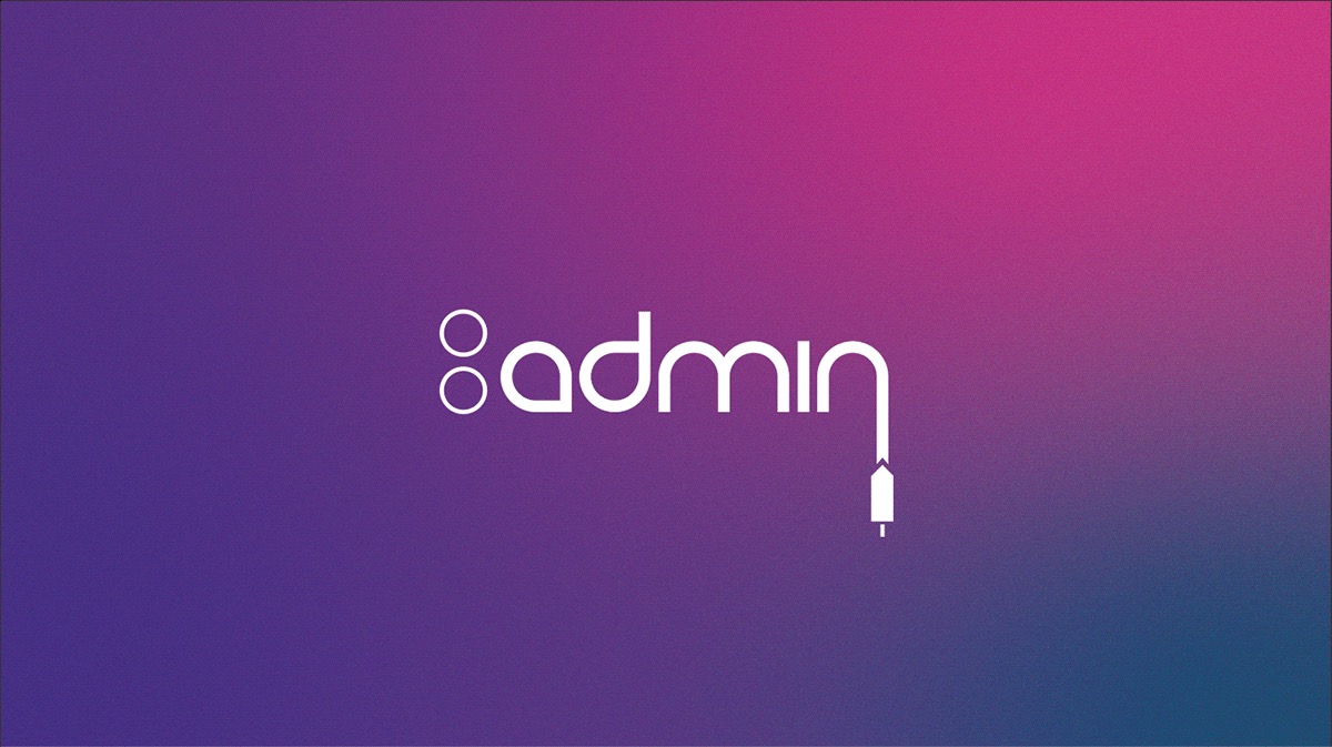 Minimalistyczny logotyp '8admin' w bieli na gradientowym tle fioletowo-różowym. Dwa okręgi zastępują cyfrę 8, a element kabla tworzy literę 'n'.