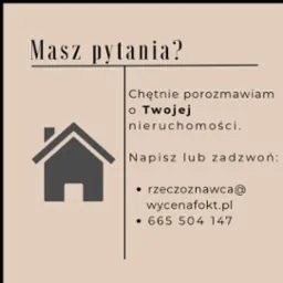 Grafika informacyjna: Ikona domu, zapytanie o nieruchomość, kontakt e-mail i numer telefonu. Beżowe tło, czarne napisy. Zapraszam do kontaktu.