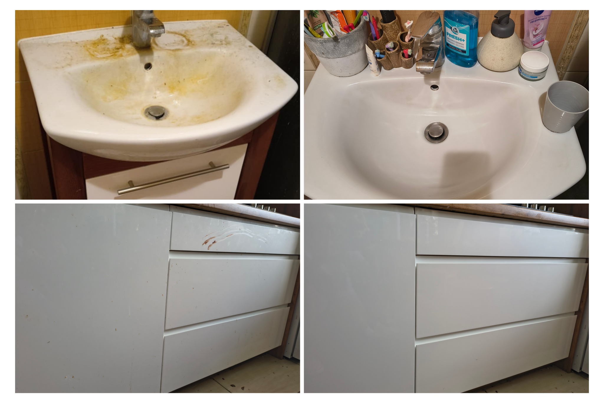 Zdjęcie typu 'przed i po' prezentujące umywalkę i szafkę łazienkową: po lewej stronie zabrudzone, a po prawej czyste, po wykonaniu usługi. Widoczne detale.