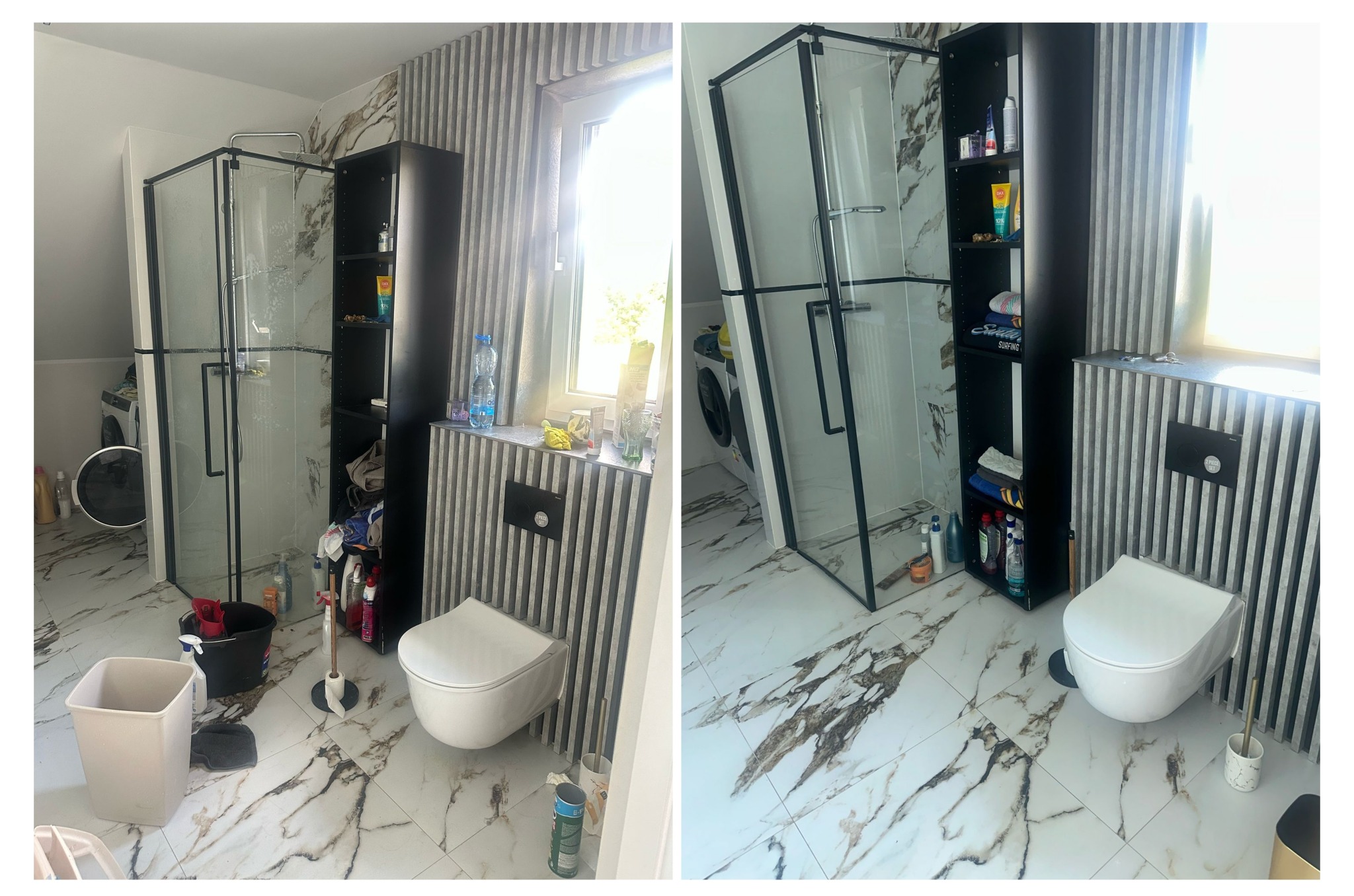 Łazienka po sprzątaniu: Błyszcząca kabina prysznicowa, lśniąca podłoga z marmuru, czysta toaleta i uporządkowane półki. Widok na okno i pralkę w tle.