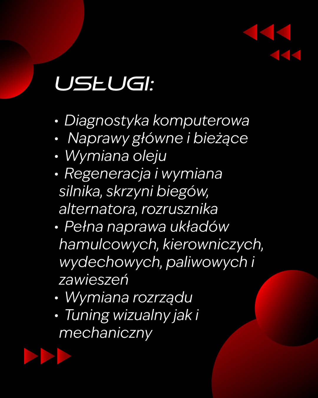 Grafika z listą usług warsztatu samochodowego: diagnostyka komputerowa, naprawy, wymiana oleju, regeneracja silnika, tuning wizualny i mechaniczny.