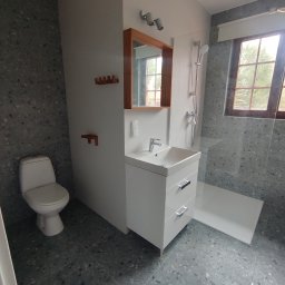 Projekt Home - Nowoczesna łazienka z szarą mozaiką, białą szafką z umywalką i lustrem w drewnianej ramie. Widoczny fragment kabiny prysznicowej i toaleta.