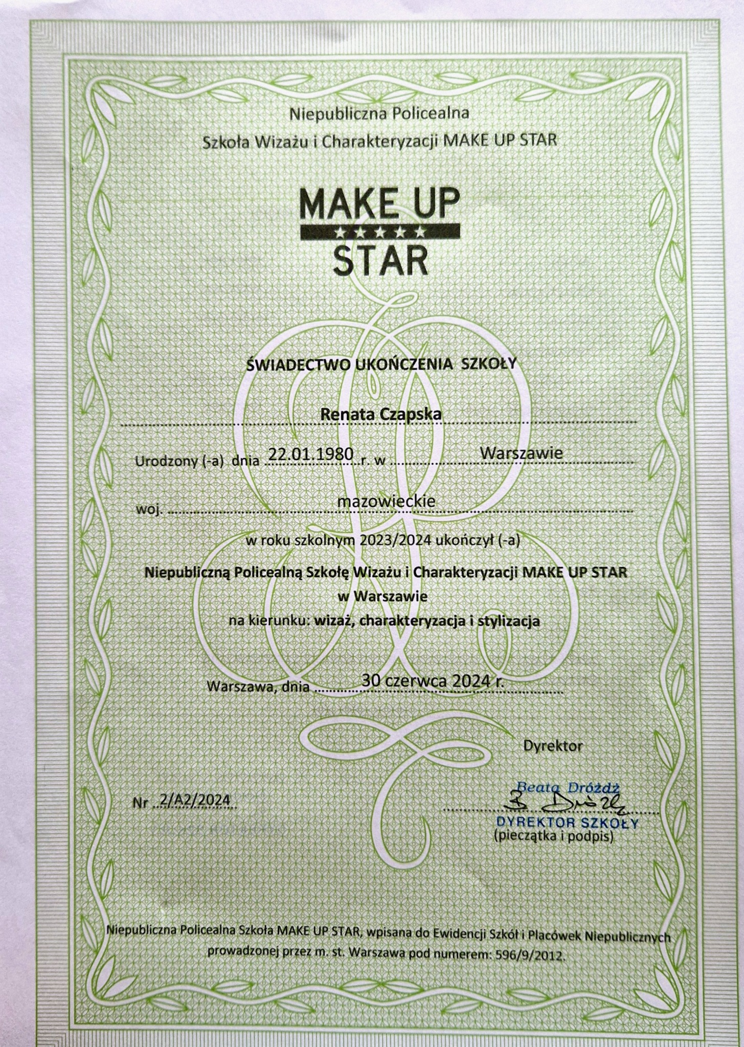 Świadectwo ukończenia szkoły wizażu i charakteryzacji Make Up Star dla Renaty Czapskiej, wydane w Warszawie, 30 czerwca 2024 r.