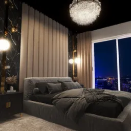 Elegancka sypialnia z łóżkiem w odcieniach szarości, oświetlona kryształowym żyrandolem. Za oknem nocny widok na miasto, a obok łóżka czarna szafka z dekoracją.