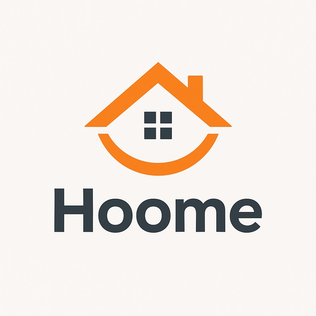 Logo firmy 'Hoome' z pomarańczowym symbolem domu nad nazwą, na jasnym tle. Symbol domu uproszczony, z dwoma kwadratowymi oknami.
