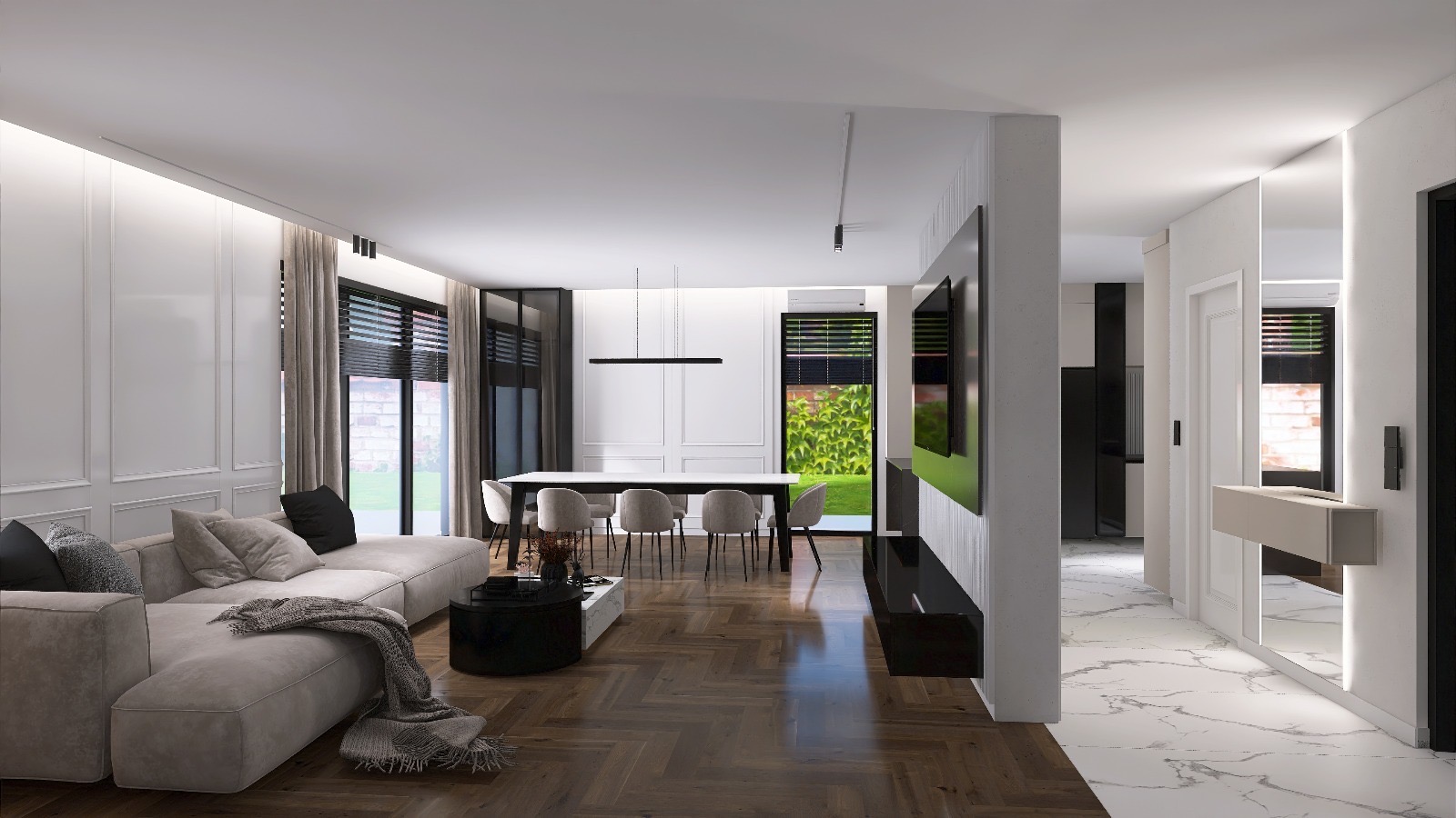 Elegancki salon z parkietem w jodełkę, beżową sofą i stołem jadalnym. Minimalistyczny design, duże okna z widokiem na zieleń, nowoczesne oświetlenie.