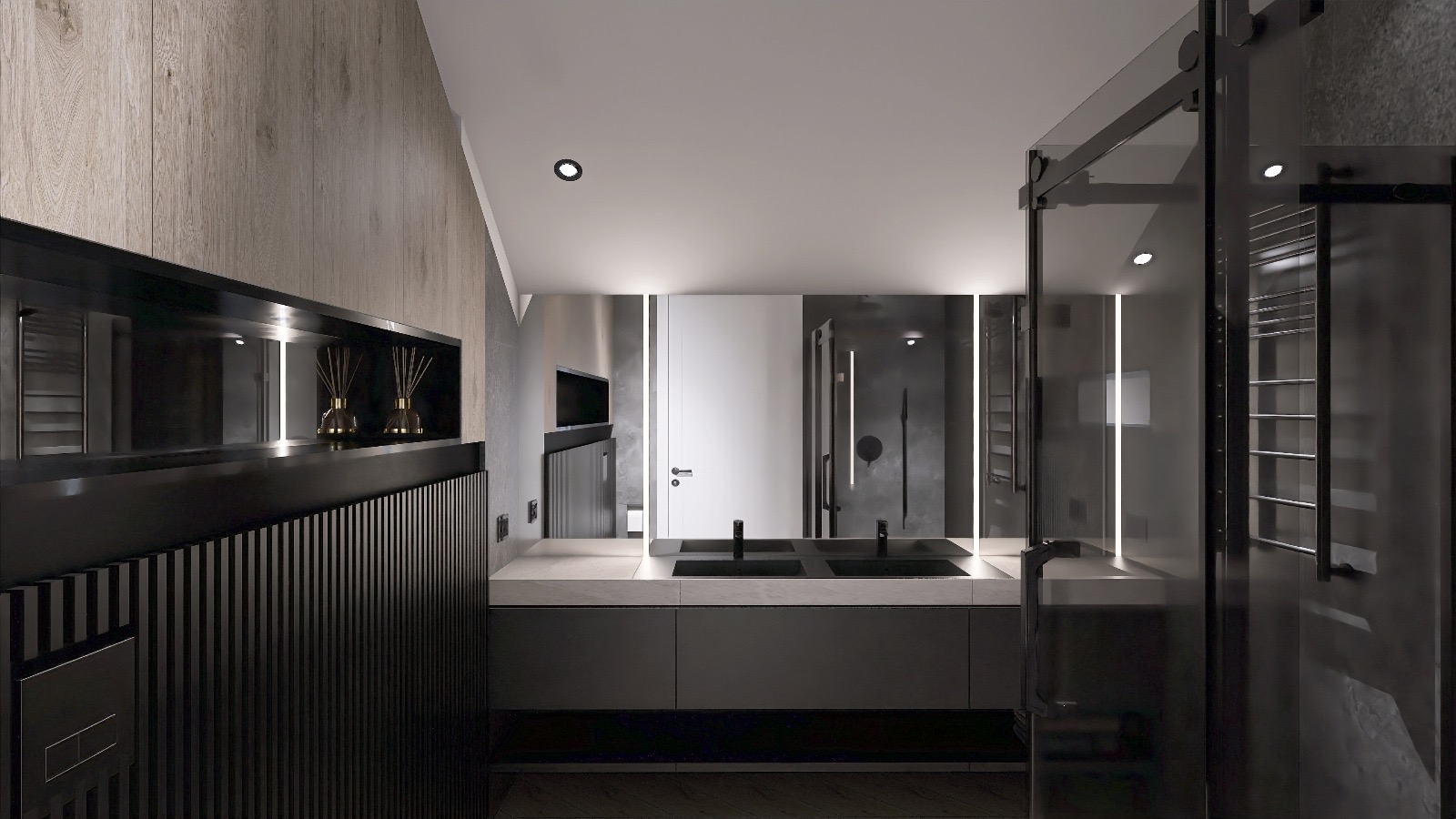 Nowoczesna łazienka z kabiną prysznicową typu walk-in, grafitowymi elementami i drewnianymi akcentami. Minimalistyczny design, oświetlenie LED.