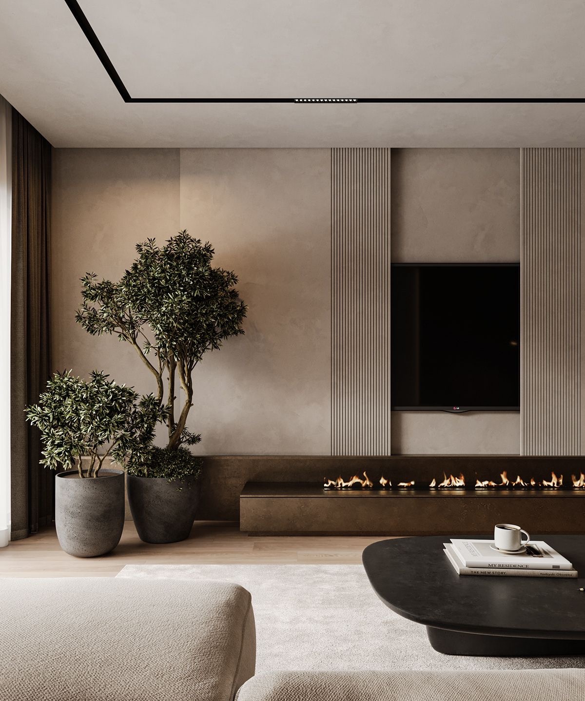 Nowoczesny salon z biokominkiem i telewizorem w zabudowie, minimalistyczny stolik z książkami i kawą, duże rośliny doniczkowe, ciepła kolorystyka.